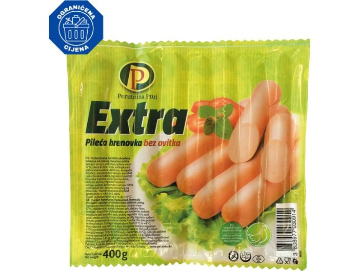 Drůbež Ptuj kuřecí párky v rohlíku Extra 400 g